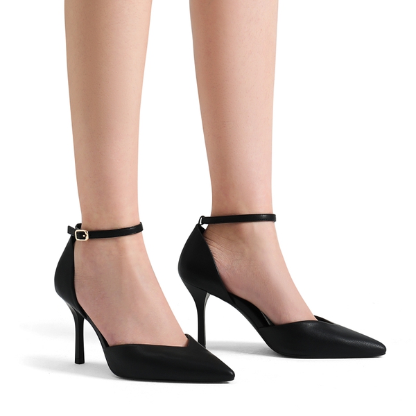 Ankle Strap Pointy Stiletto Heel Pumps - BLACK PU - 1